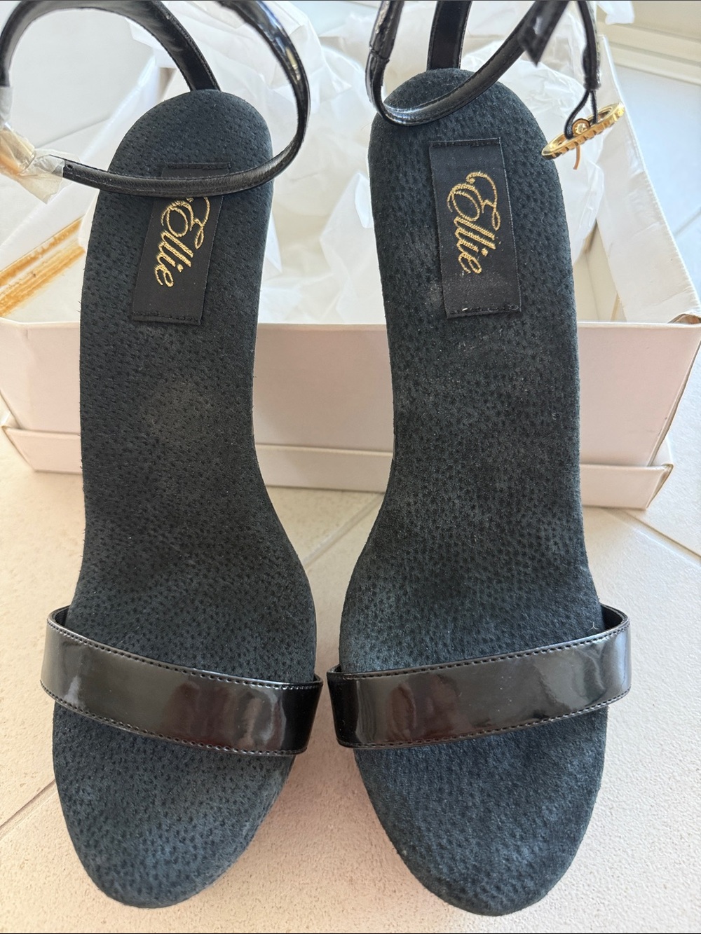 Ellie Black Patent Strap Ankle-Heel Sandals - Picture 2 of 6